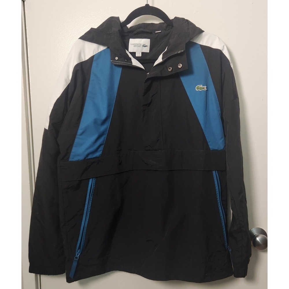 Lacoste Sport S/M 1/4 Zip‎ Pullover Windbreaker Embroidered Logo Hood Spell Out